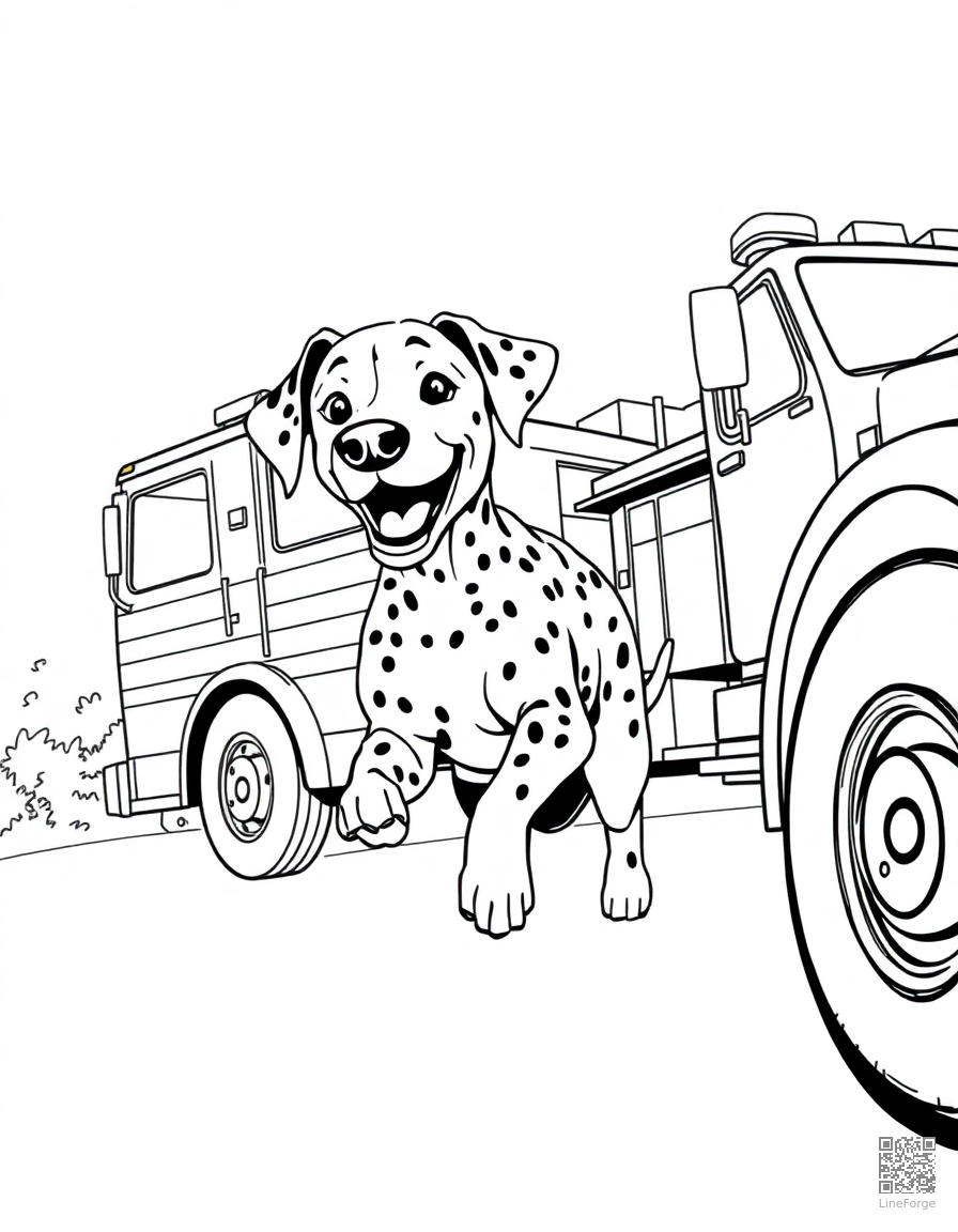 Free dalmatian running alongside a fire truck coloring page in manga style — printable line art