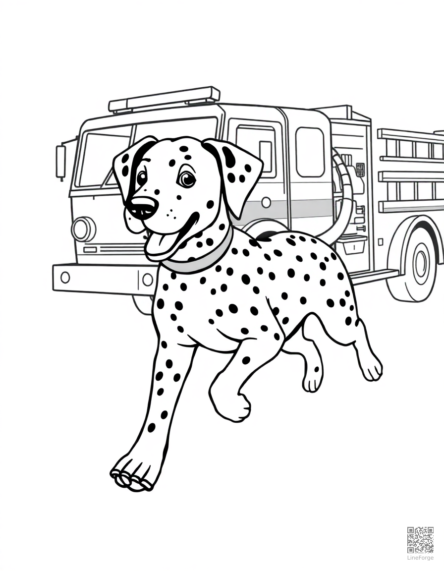 Free dalmatian running alongside a fire truck coloring page in stipple style — printable line art