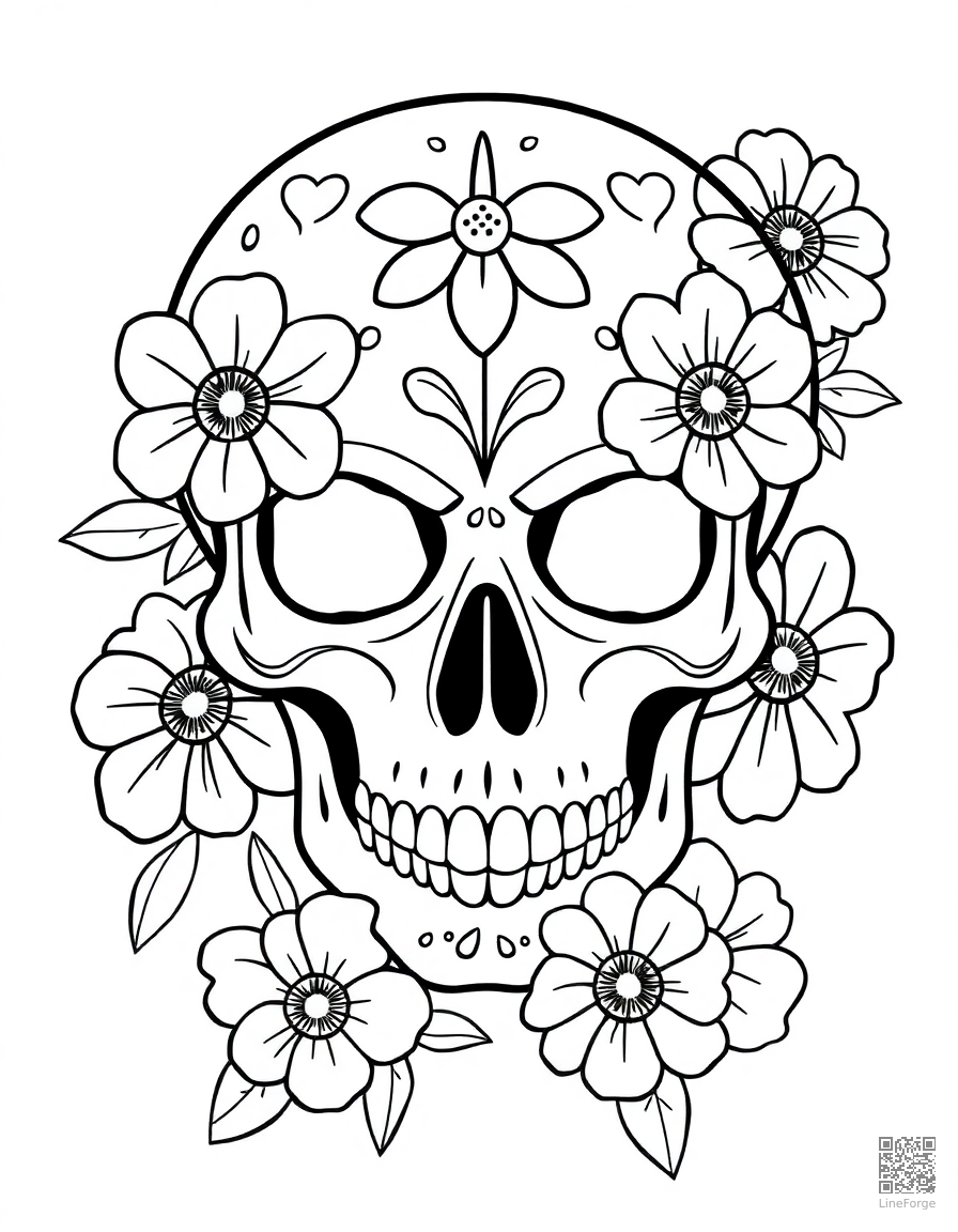 day of the dead skull with flowers coloring page Contour style - free printable