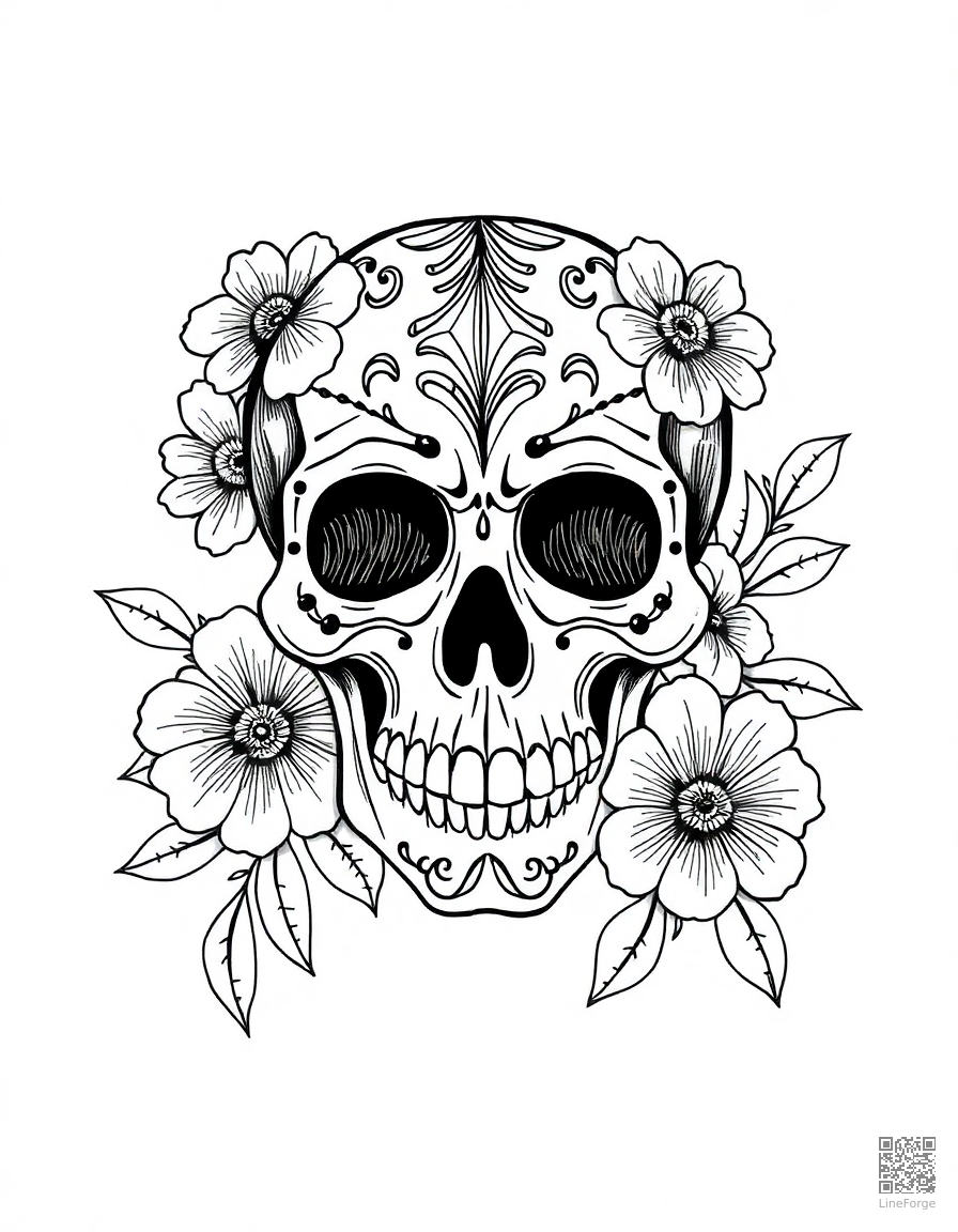 day of the dead skull with flowers coloring page Crosshatch style - free printable