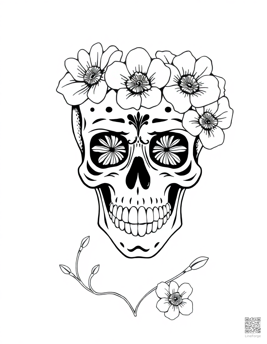 day of the dead skull with flowers coloring page Manga style - free printable