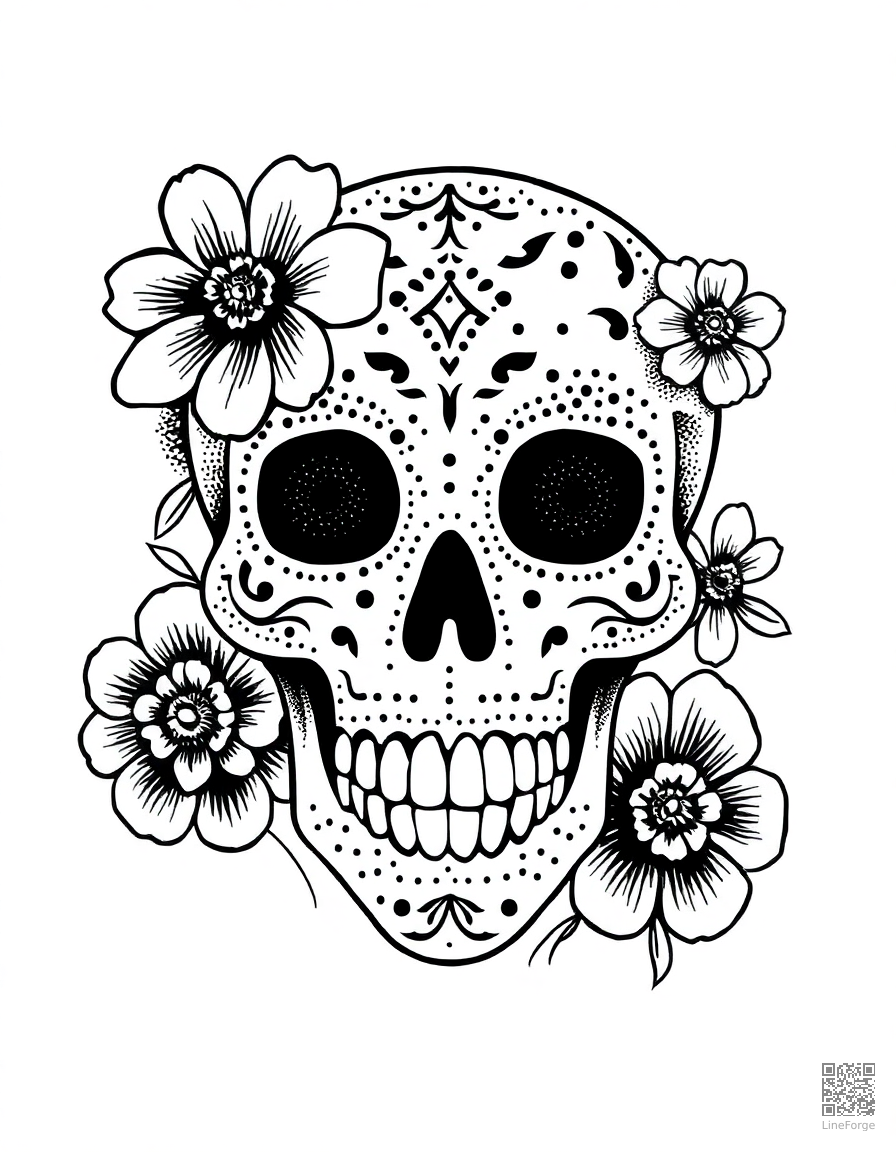 day of the dead skull with flowers coloring page Stipple style - free printable