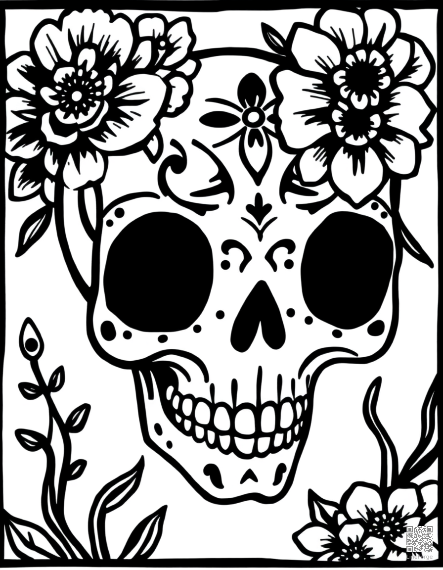 day of the dead skull with flowers coloring page Woodcut style - free printable