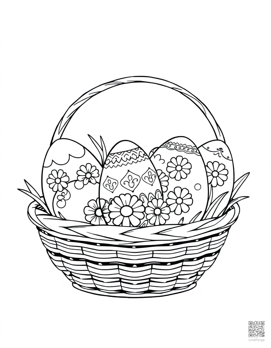decorated easter eggs in a basket coloring page Contour style - free printable