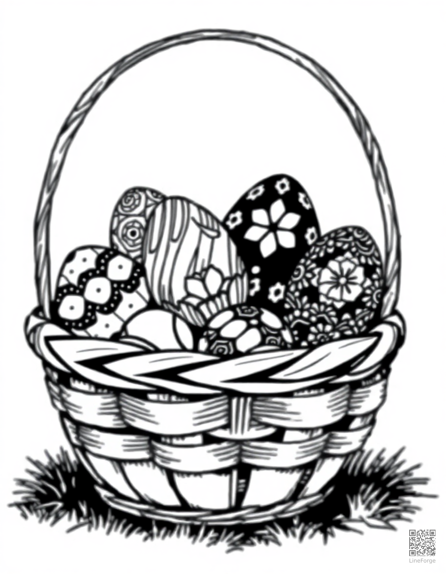 decorated easter eggs in a basket coloring page Crosshatch style - free printable