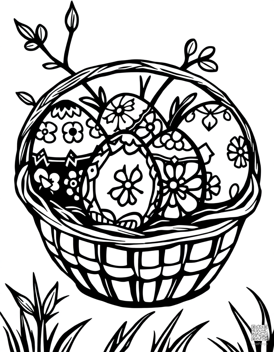 decorated easter eggs in a basket coloring page Woodcut style - free printable