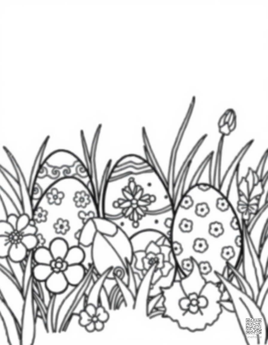 Free decorated easter eggs in a garden coloring page in contour style — printable line art