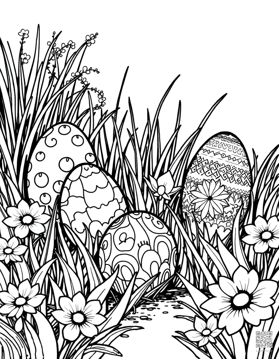 Free decorated easter eggs in a garden coloring page in crosshatch style — printable line art