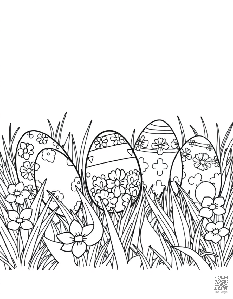 Free decorated easter eggs in a garden coloring page in manga style — printable line art