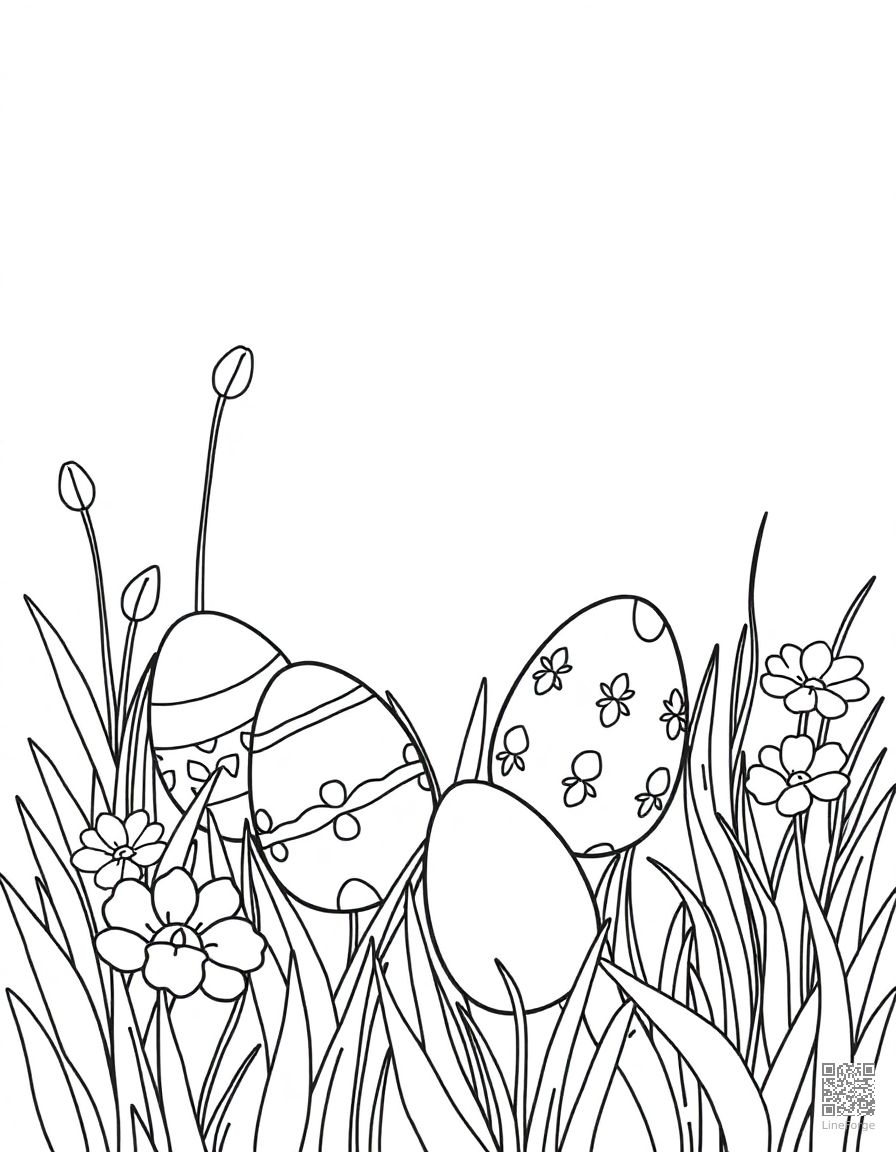 Free decorated easter eggs in a garden coloring page in minimal style — printable line art