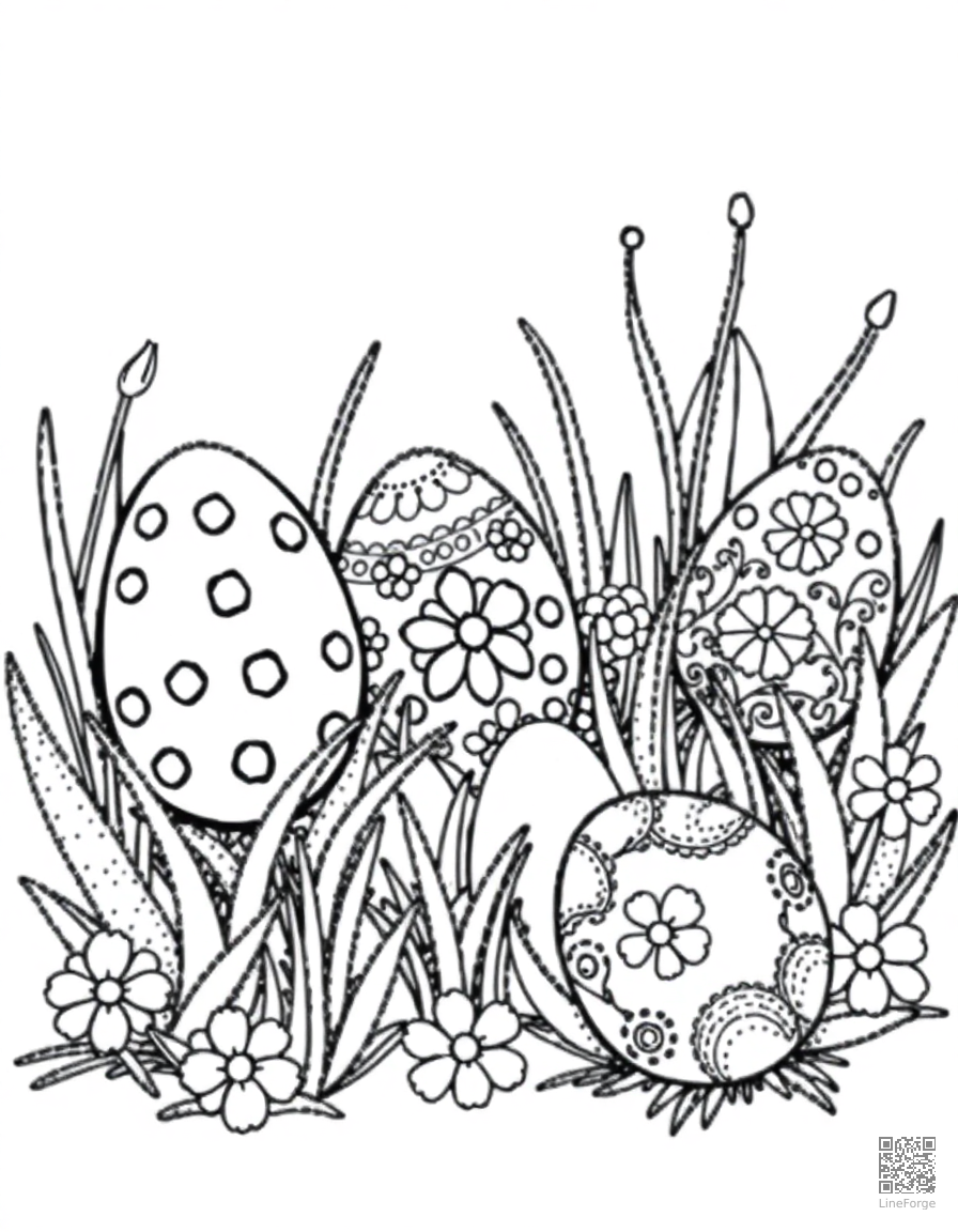 Free decorated easter eggs in a garden coloring page in stipple style — printable line art
