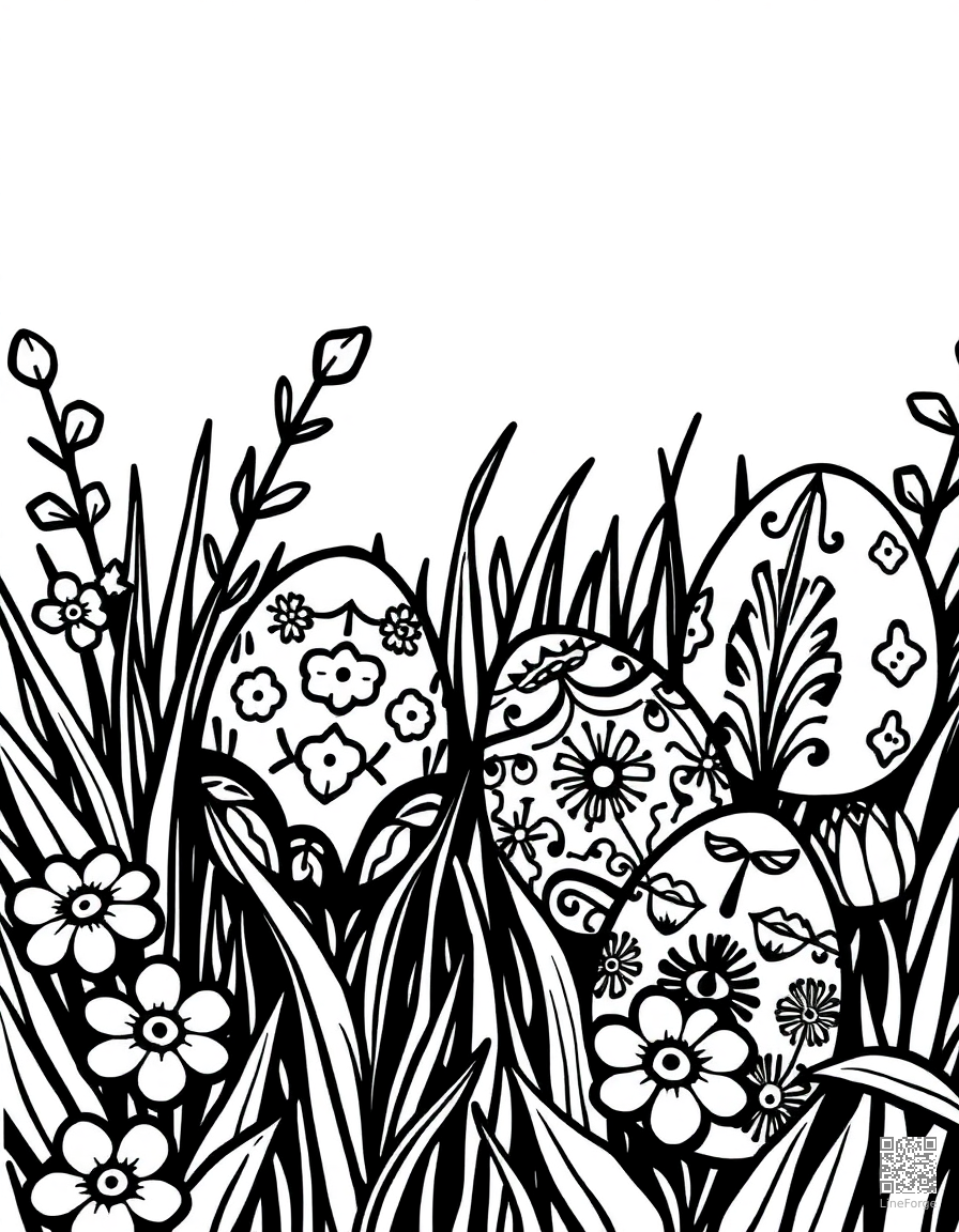 Free decorated easter eggs in a garden coloring page in woodcut style — printable line art