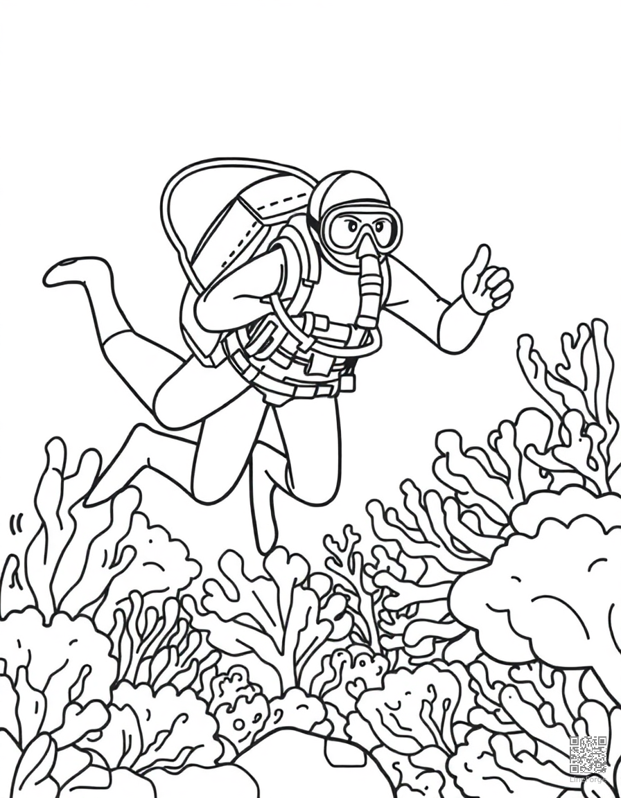 deep sea diver exploring a coral reef coloring page Contour style - free printable