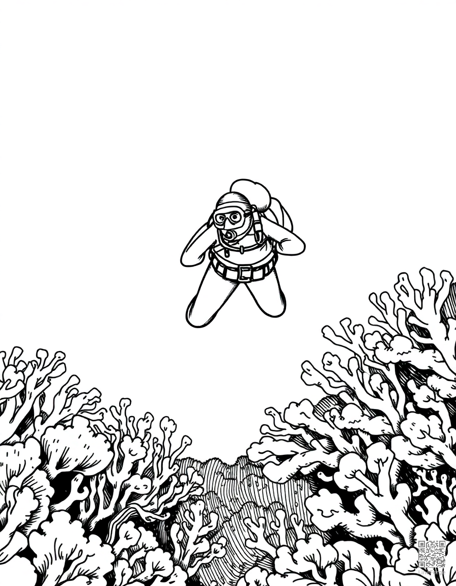 deep sea diver exploring a coral reef coloring page Crosshatch style - free printable