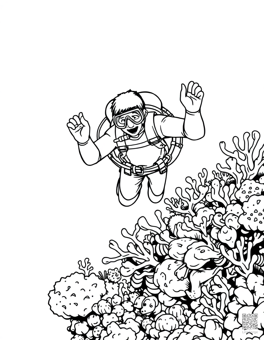 deep sea diver exploring a coral reef coloring page Manga style - free printable