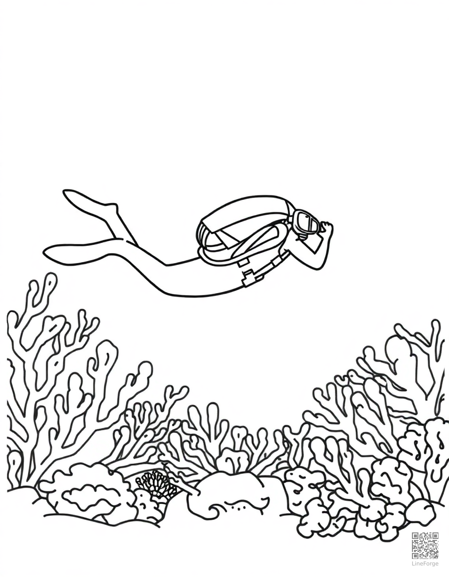 deep sea diver exploring a coral reef coloring page Minimal style - free printable