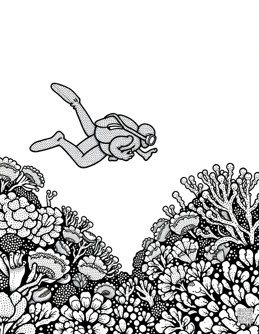 deep sea diver exploring a coral reef coloring page Stipple style - free printable