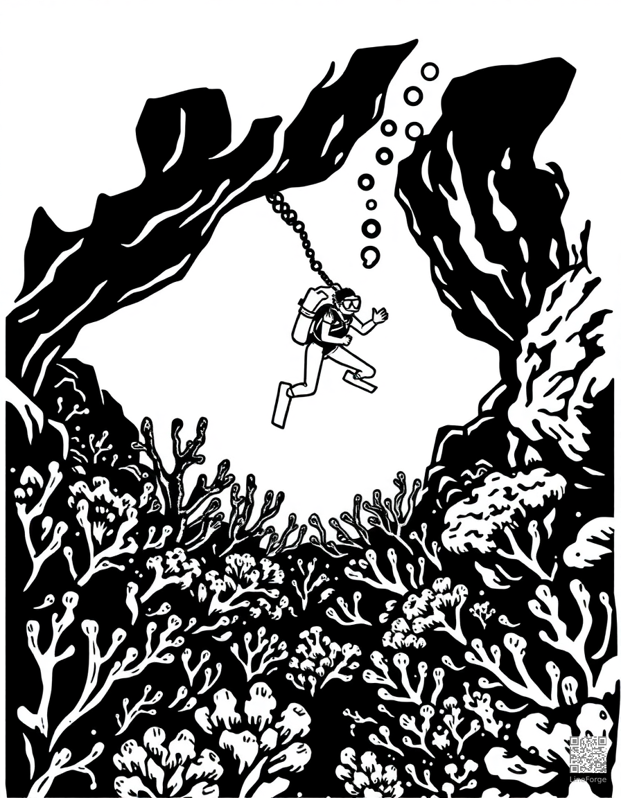 deep sea diver exploring a coral reef coloring page Woodcut style - free printable