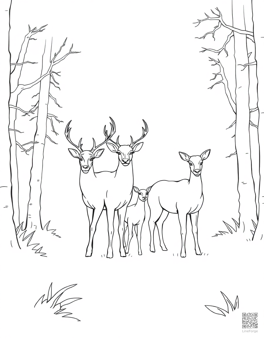 deer family in a misty forest coloring page Contour style free printable