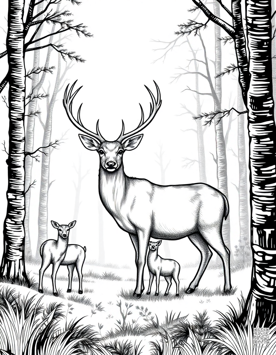 deer family in a misty forest coloring page Crosshatch style free printable