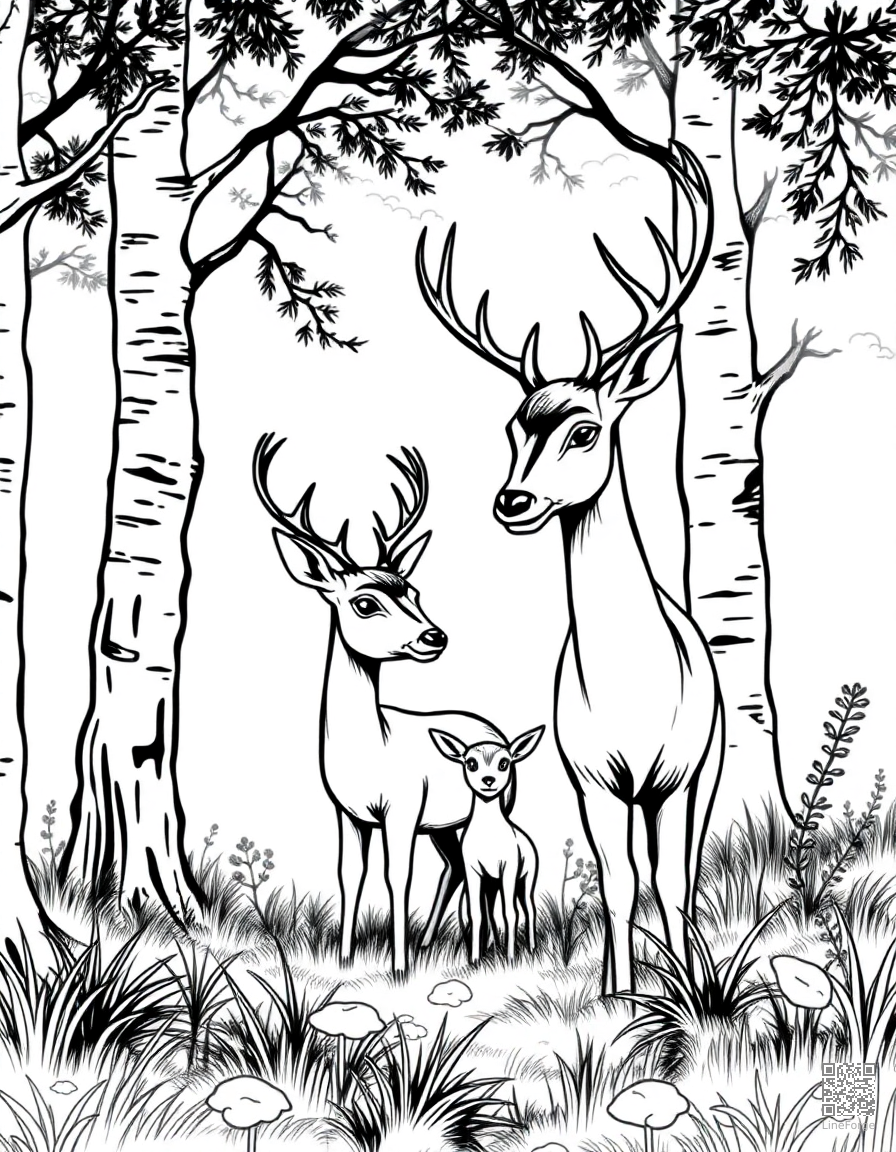 deer family in a misty forest coloring page Manga style free printable