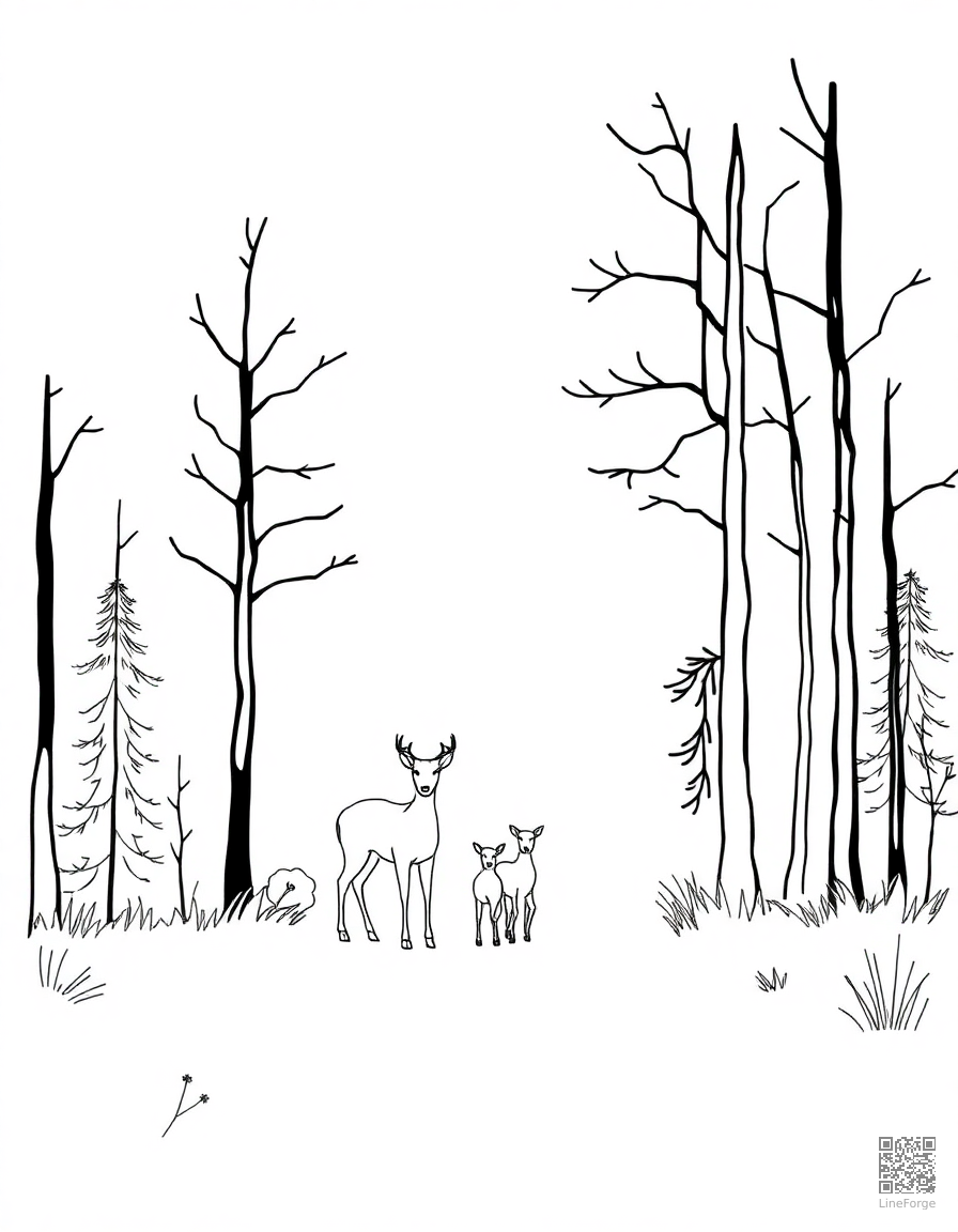 deer family in a misty forest coloring page Minimal style free printable