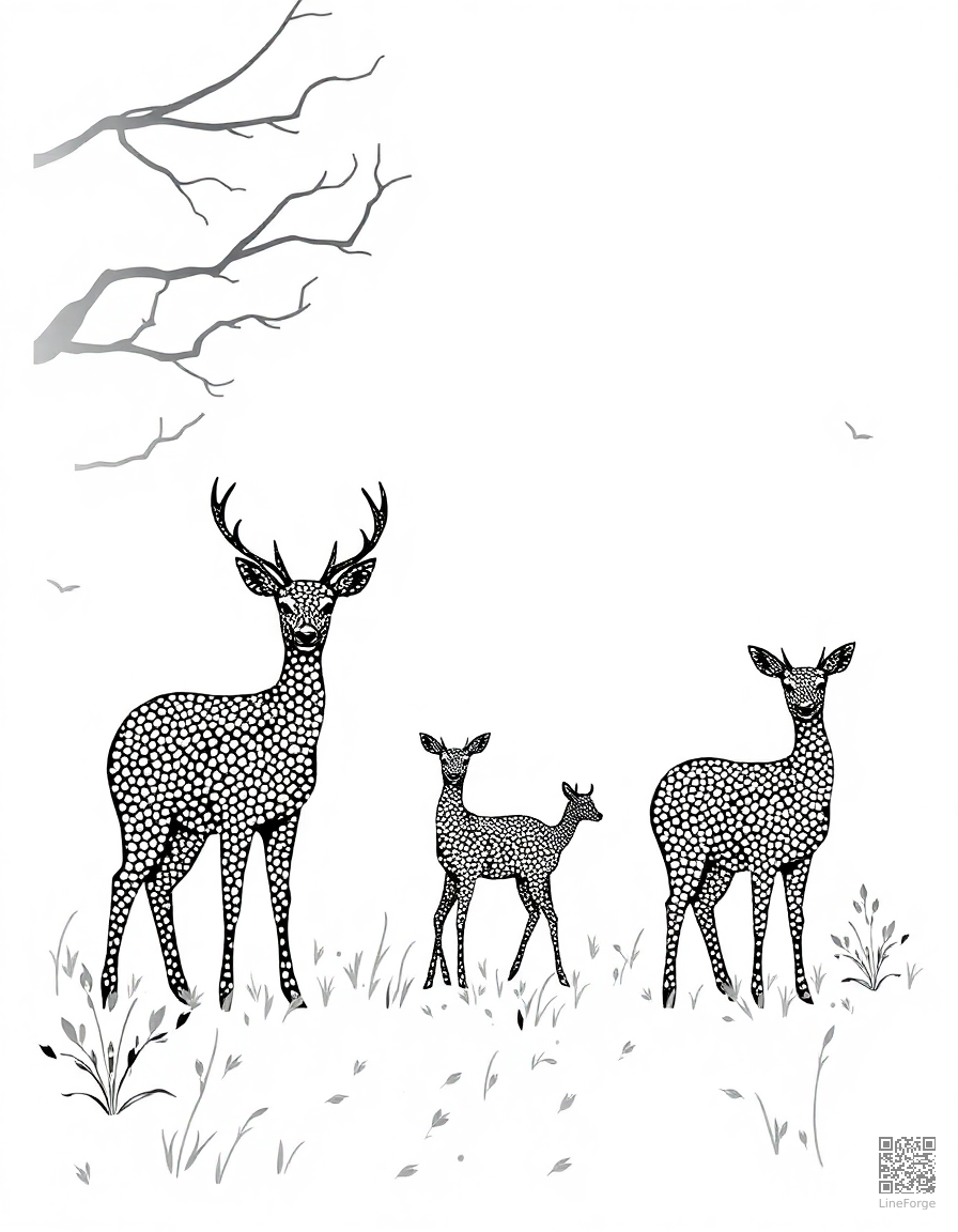 deer family in a misty forest coloring page Stipple style free printable