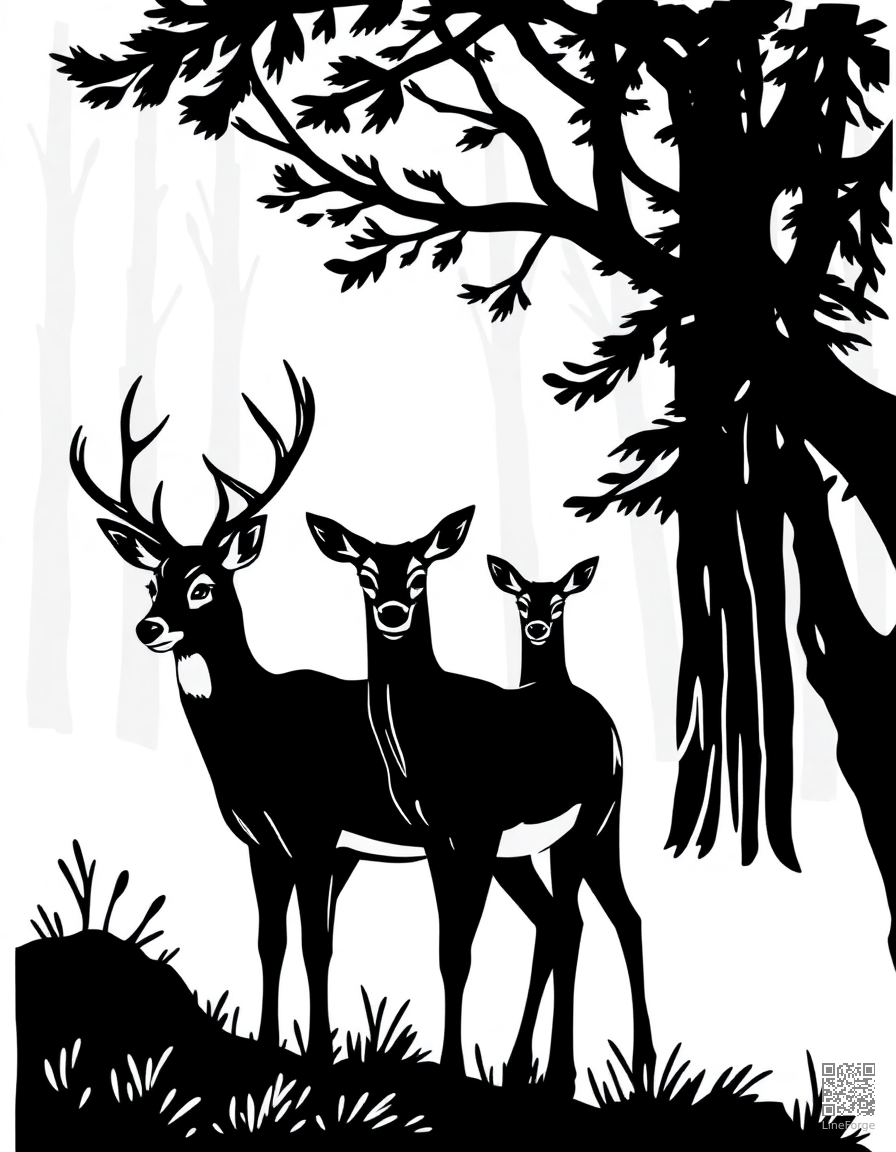 deer family in a misty forest coloring page Woodcut style free printable