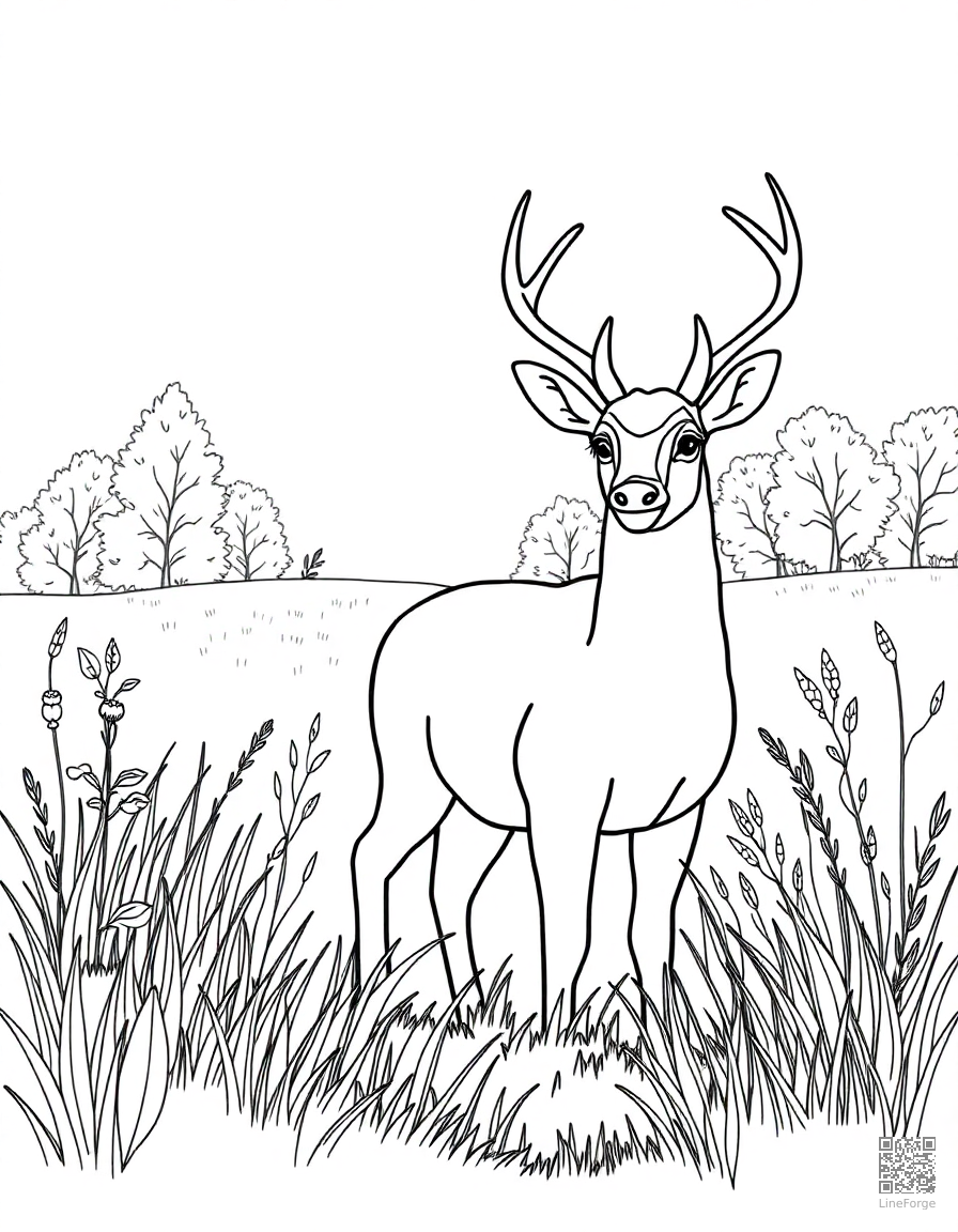 deer in an autumn meadow coloring page Contour style - free printable