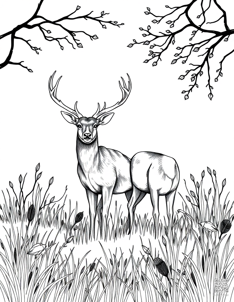 deer in an autumn meadow coloring page Crosshatch style - free printable