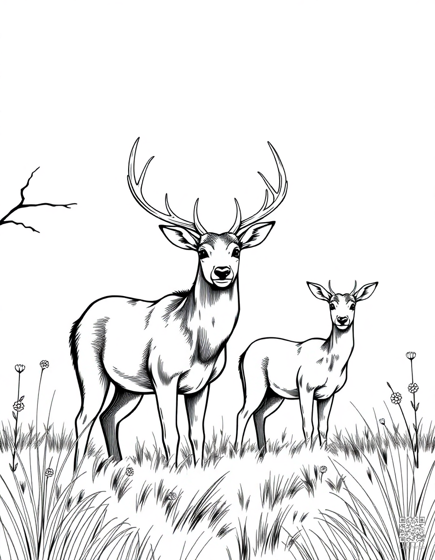 deer in an autumn meadow coloring page Manga style - free printable