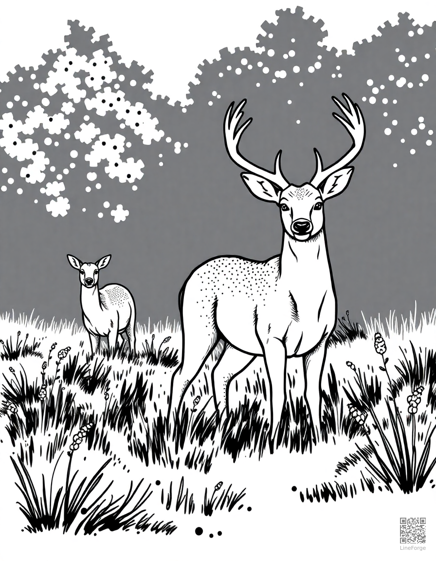 deer in an autumn meadow coloring page Stipple style - free printable