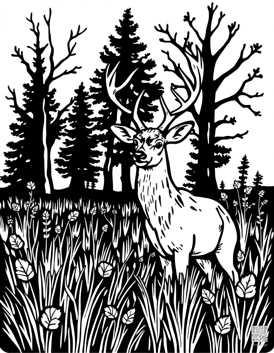 deer in an autumn meadow coloring page Woodcut style - free printable