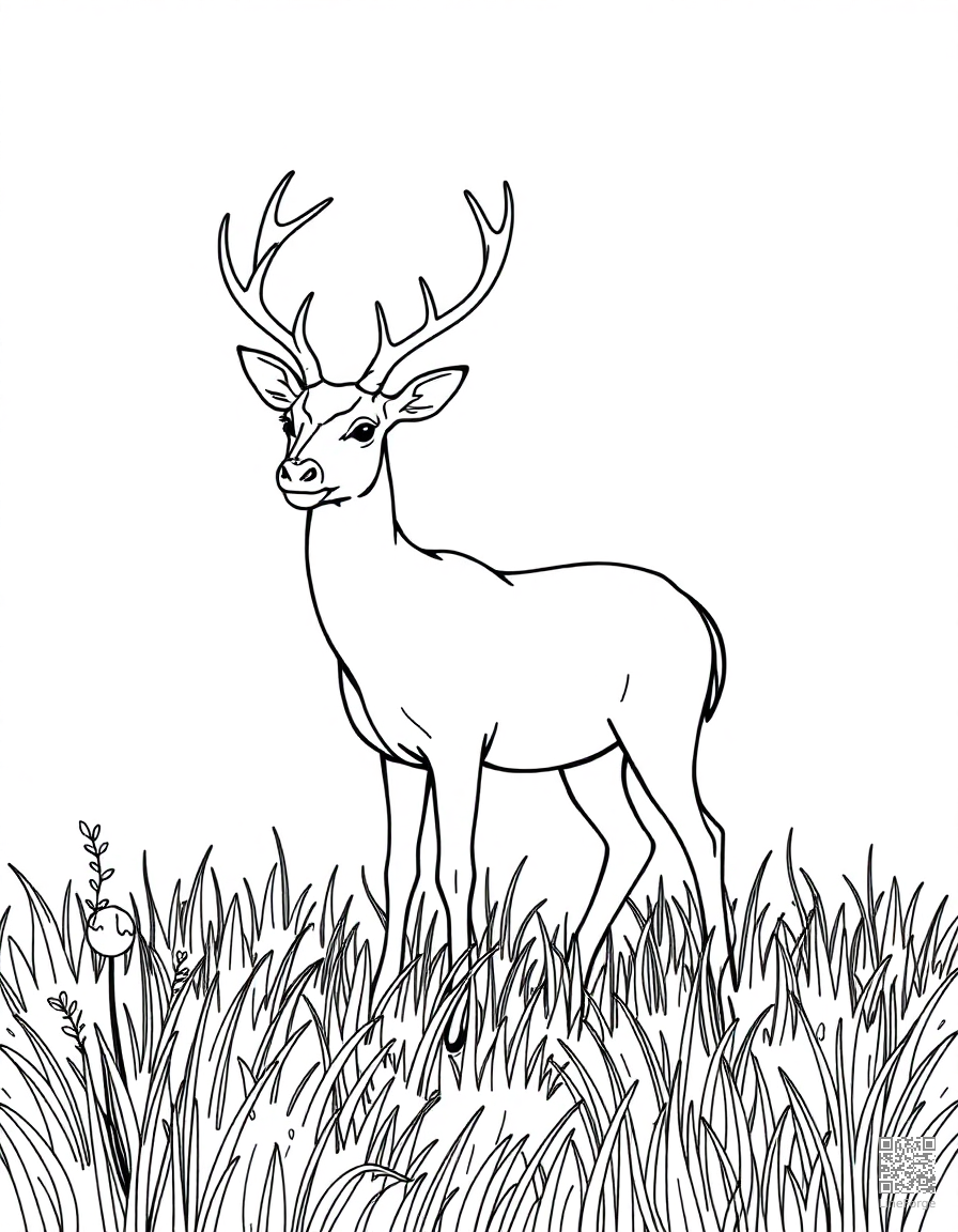 Deer standing in a misty meadow coloring page Contour style - free printable