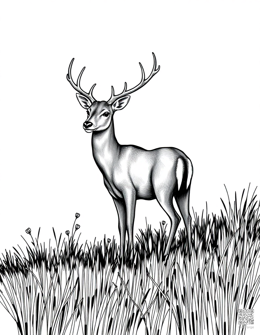 Deer standing in a misty meadow coloring page Crosshatch style - free printable