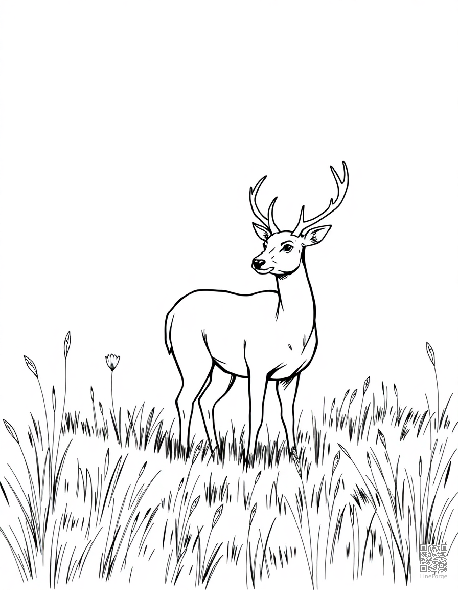 Deer standing in a misty meadow coloring page Manga style - free printable
