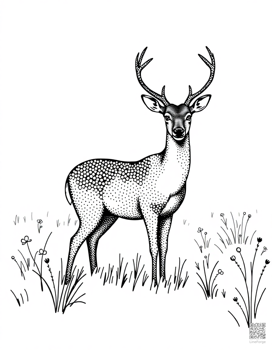Deer standing in a misty meadow coloring page Stipple style - free printable