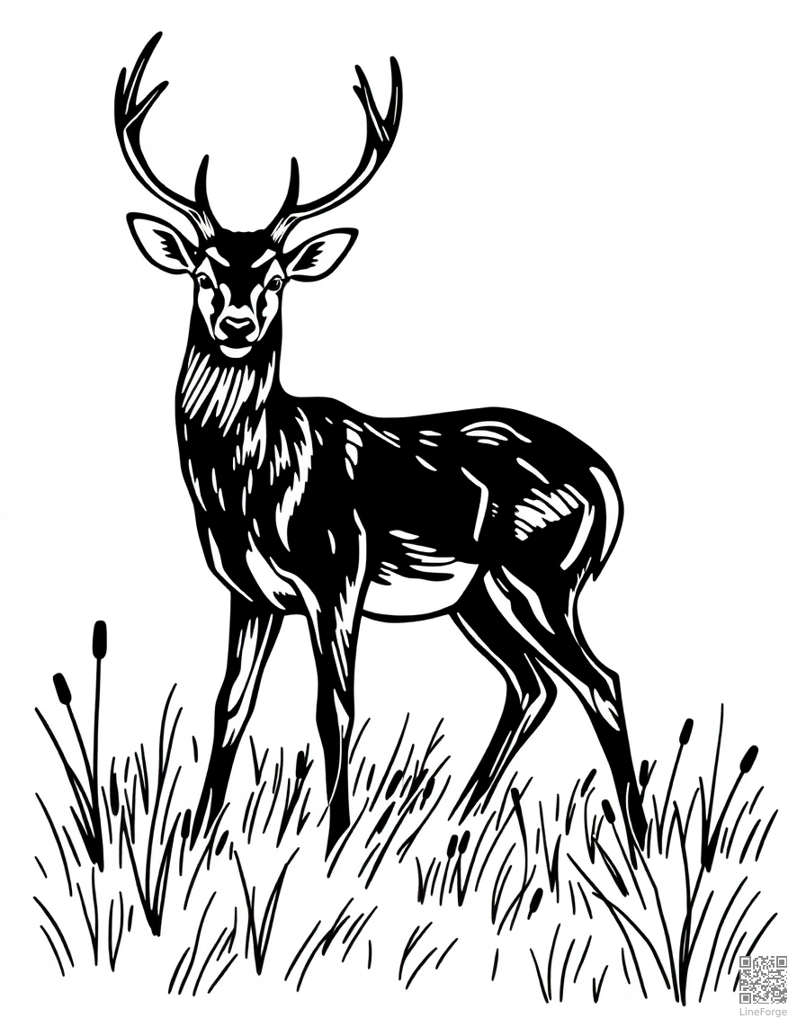 Deer standing in a misty meadow coloring page Woodcut style - free printable