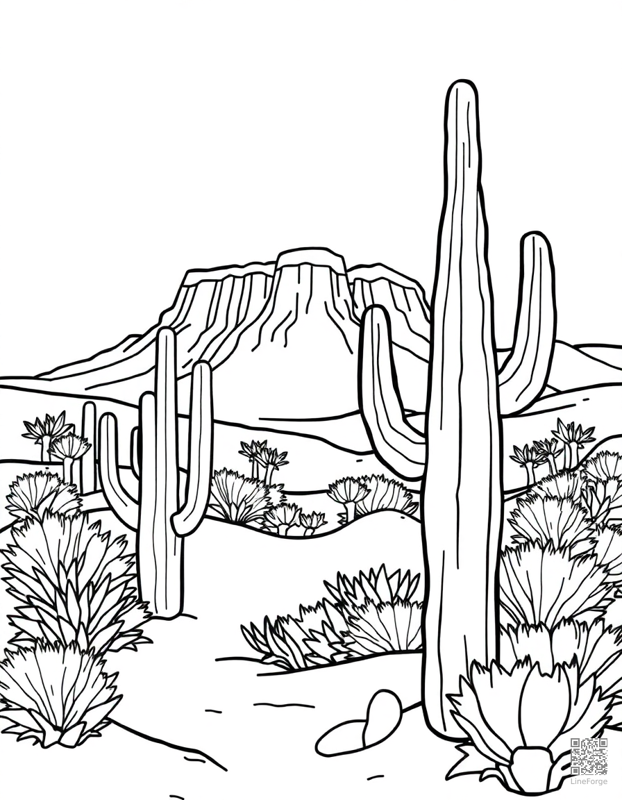 desert landscape with cactus and mesa coloring page Contour style free printable