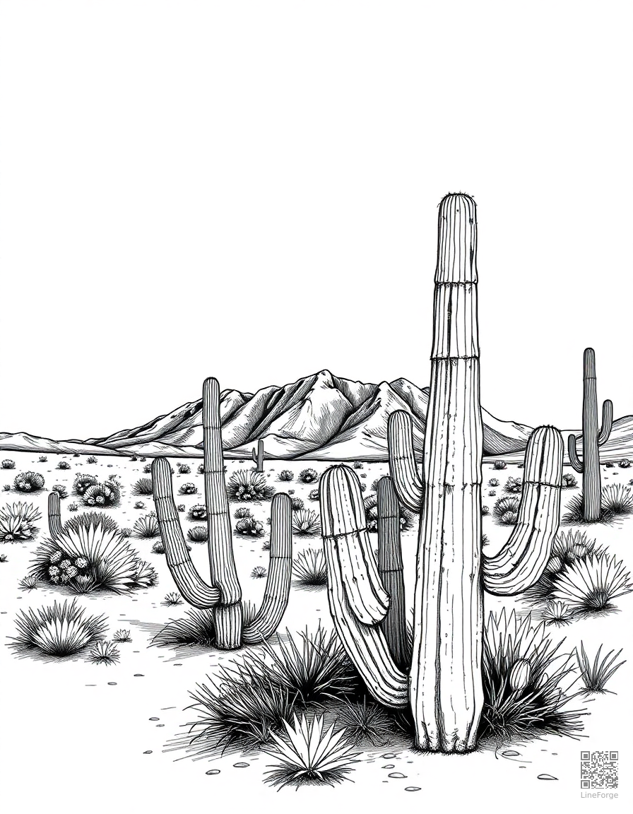 desert landscape with cactus and mesa coloring page Crosshatch style free printable