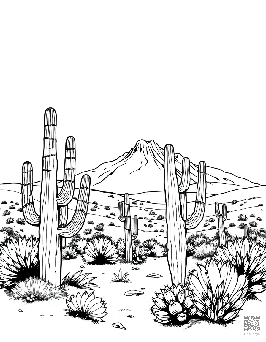 desert landscape with cactus and mesa coloring page Manga style free printable