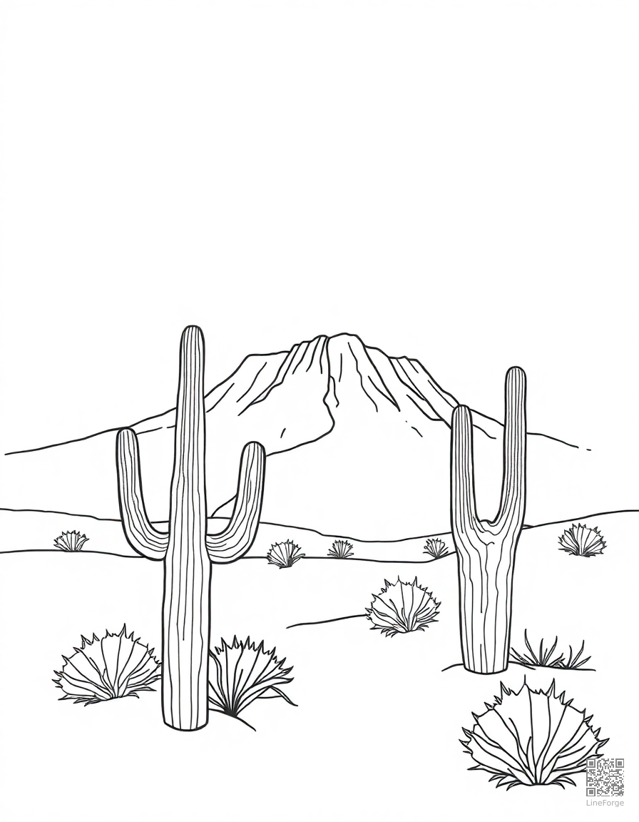 desert landscape with cactus and mesa coloring page Minimal style free printable