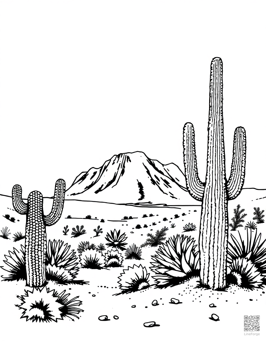 desert landscape with cactus and mesa coloring page Stipple style free printable