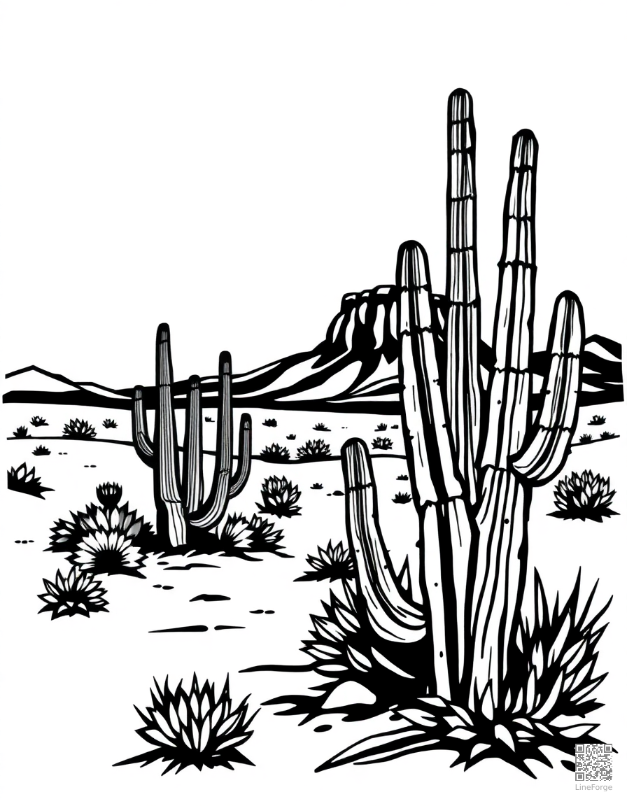 desert landscape with cactus and mesa coloring page Woodcut style free printable