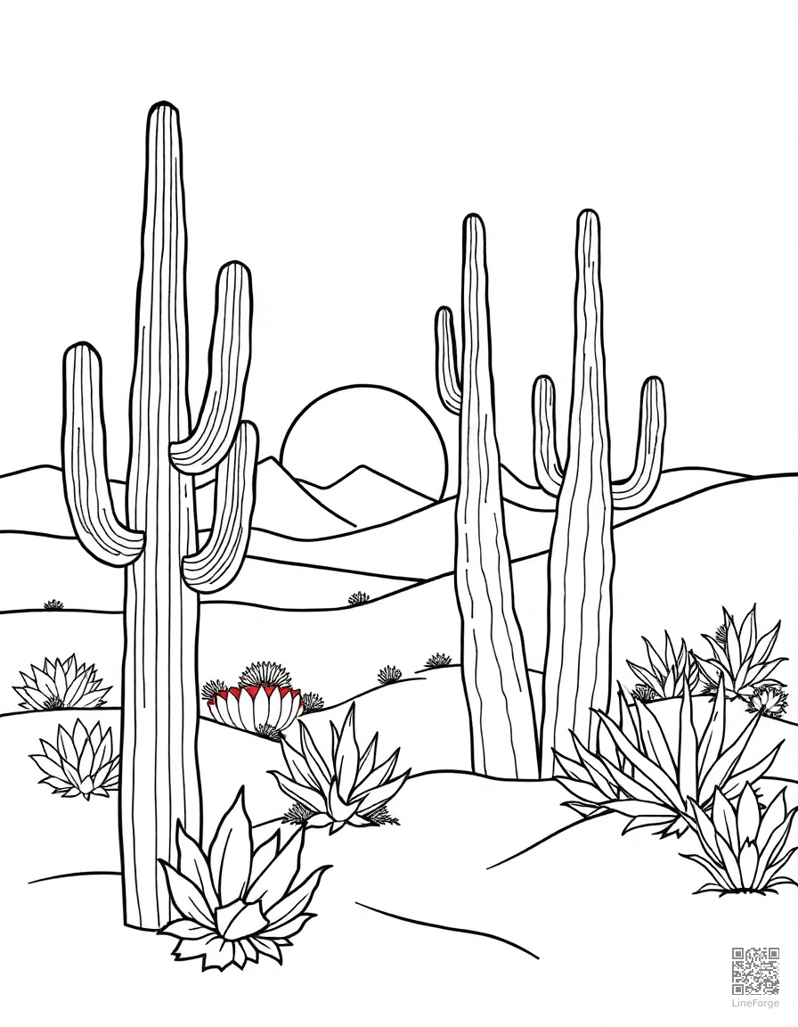 Desert landscape with cactus and sunset coloring page Contour style free printable