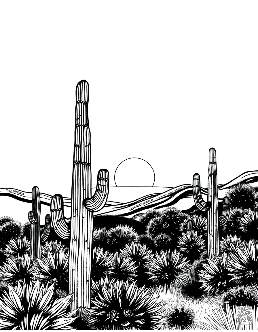Desert landscape with cactus and sunset coloring page Crosshatch style free printable
