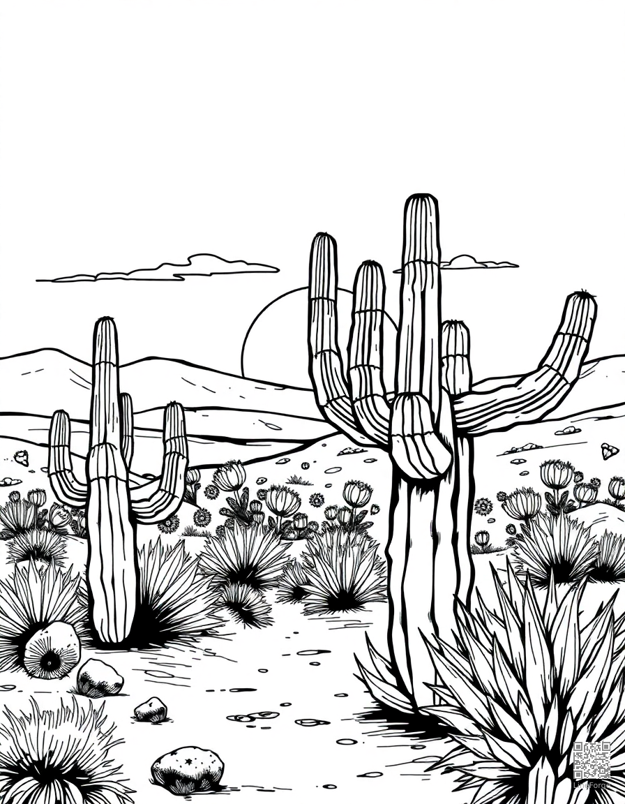 Desert landscape with cactus and sunset coloring page Manga style free printable