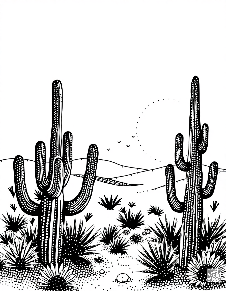 Desert landscape with cactus and sunset coloring page Stipple style free printable