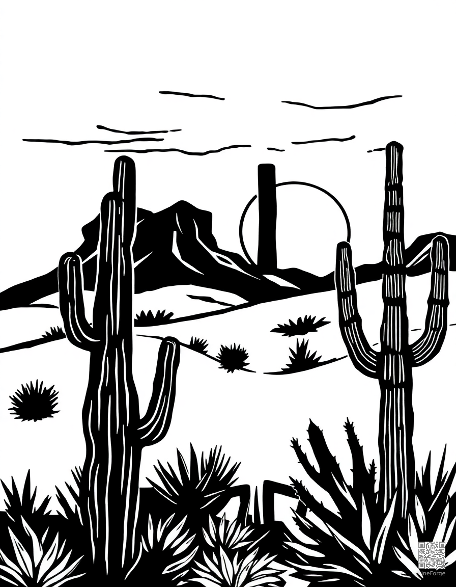 Desert landscape with cactus and sunset coloring page Woodcut style free printable