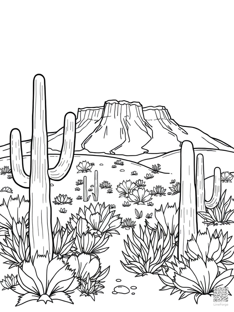 Desert landscape with saguaro cacti and mesa coloring page Contour style free printable